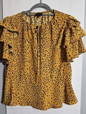 Who What Wear Animal Print Yellow Ruffle Sleeve Tie-Neck Blouse